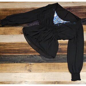 Alex Evenings Sheer Blouse Sliver Sequin Cami Elastic Waist & Cuffs Black Large